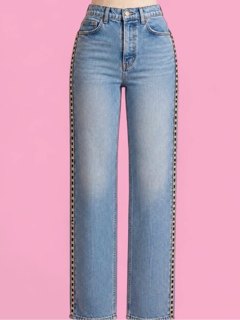 Reformation Crystal High Rise Straight Long Jeans Size 26 Rhinestone Denim